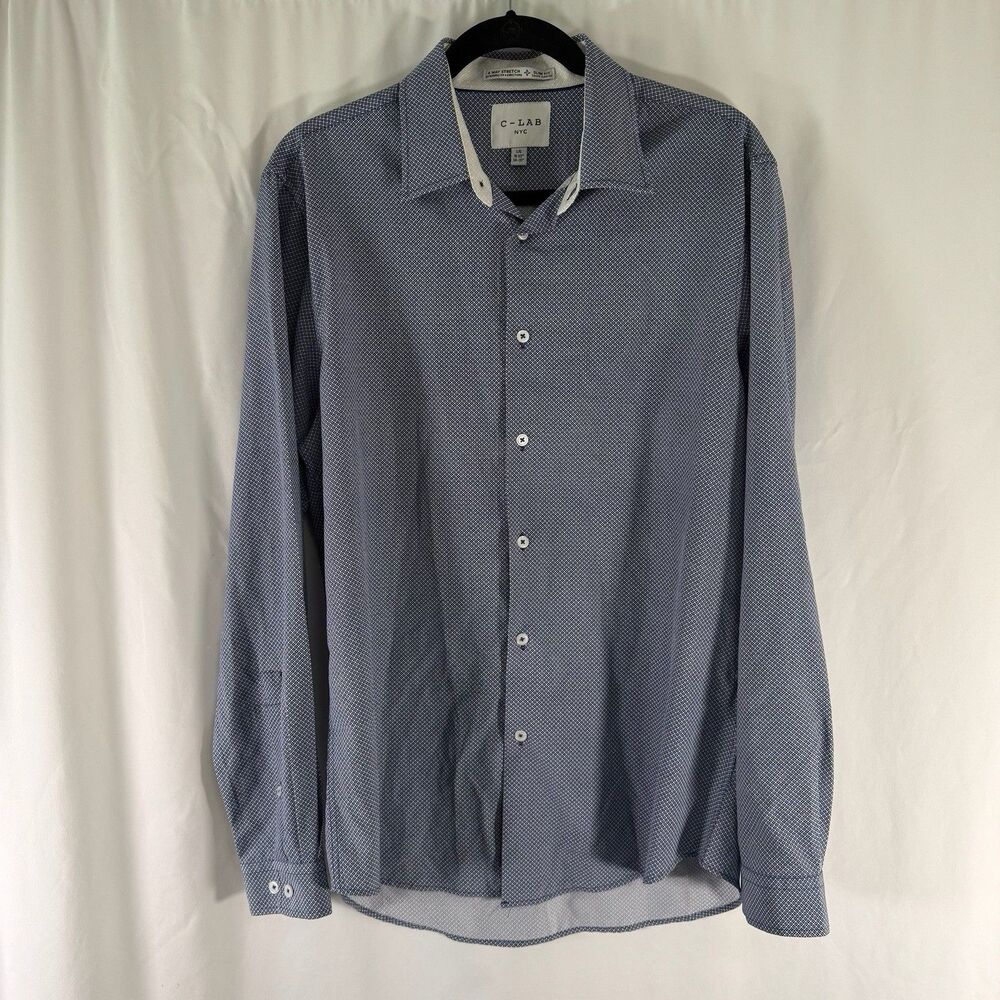 C Lab Dress Shirt Men's Large 16.5 Blue Patterned Slim Fit Button Down Long Slv